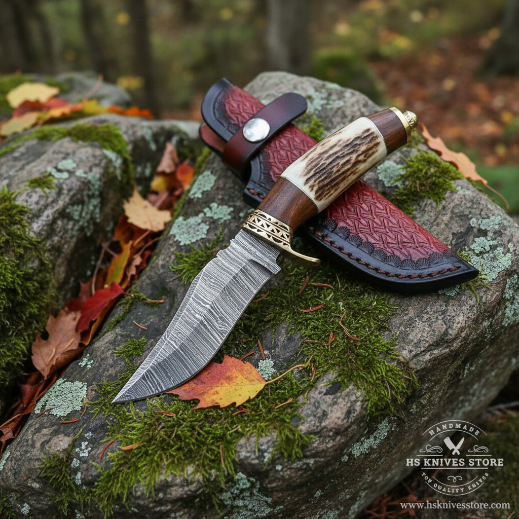 Damascus steel hunting knife stag handle resting on mossy rocks in outdoor forest setting with deep burgundy leather sheath
