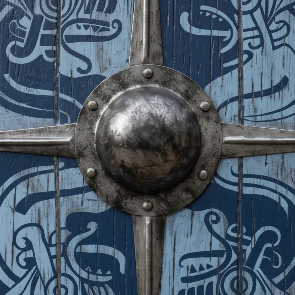 Viking Raven Shield detail showing metal rim, decorative rivets, reinforcement bars, and raised center boss