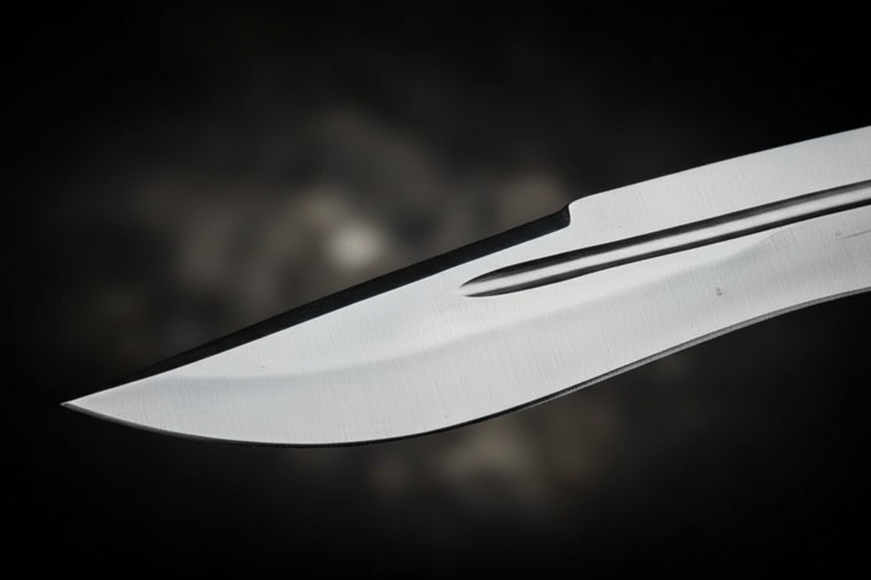 D2 steel Bowie knife blade edge and fuller close-up macro shot
