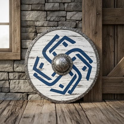 Round wooden Viking shield with blue Norse design displayed in a stone and timber Nordic interior