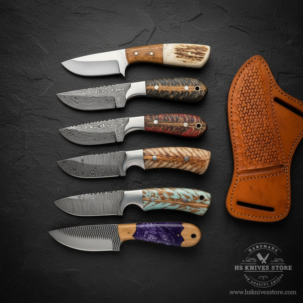 Vertical luxury shot of 6-piece skinner knife bundle on dark slate background premium collector display