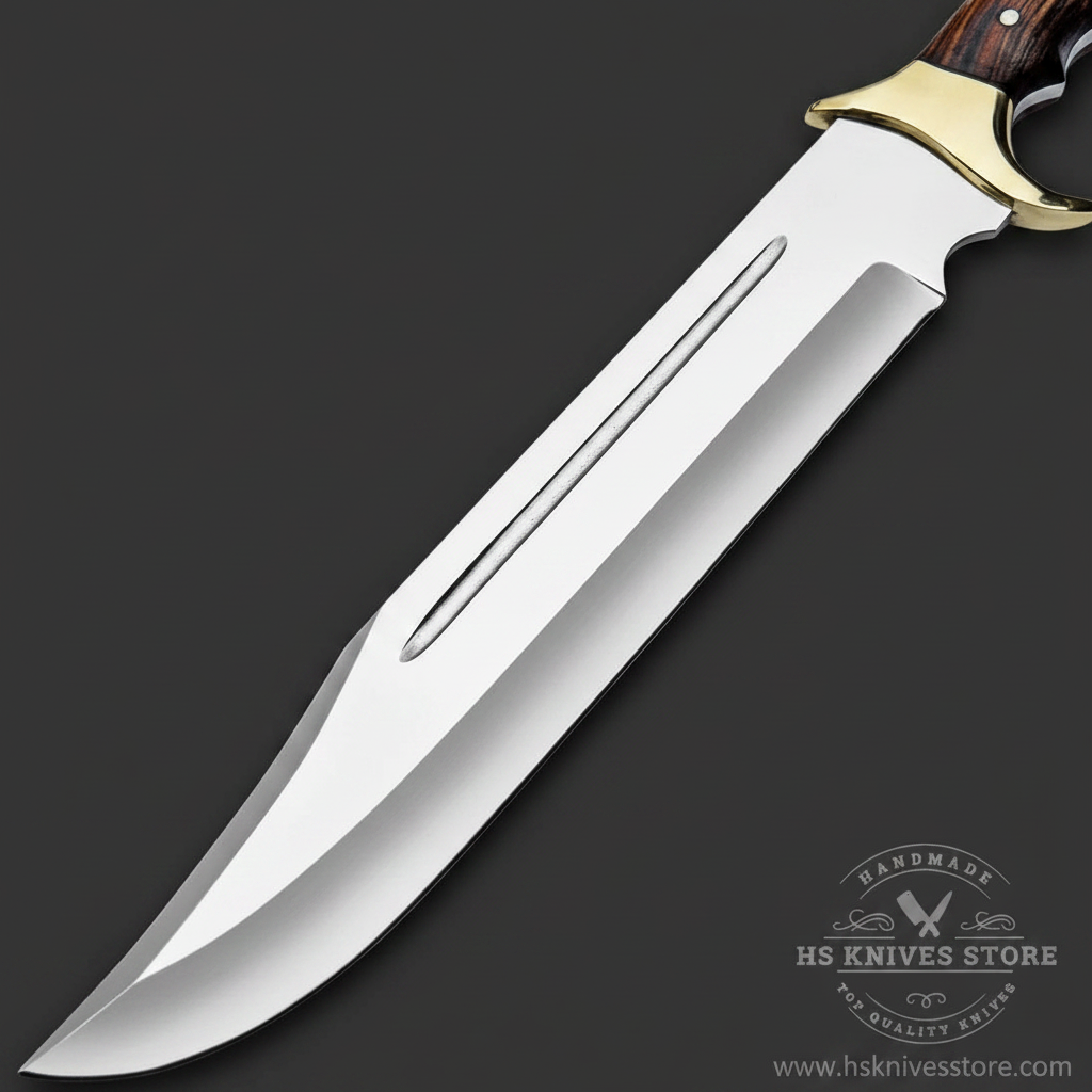 Close-up macro of D2 steel Bowie blade showing mirror satin polished finish and long fuller groove and upswept clip with false edge