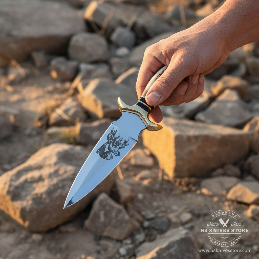 Hunter hand gripping stag antler handle D2 steel dagger knife in action pose outdoor rocky setting with golden sunlight