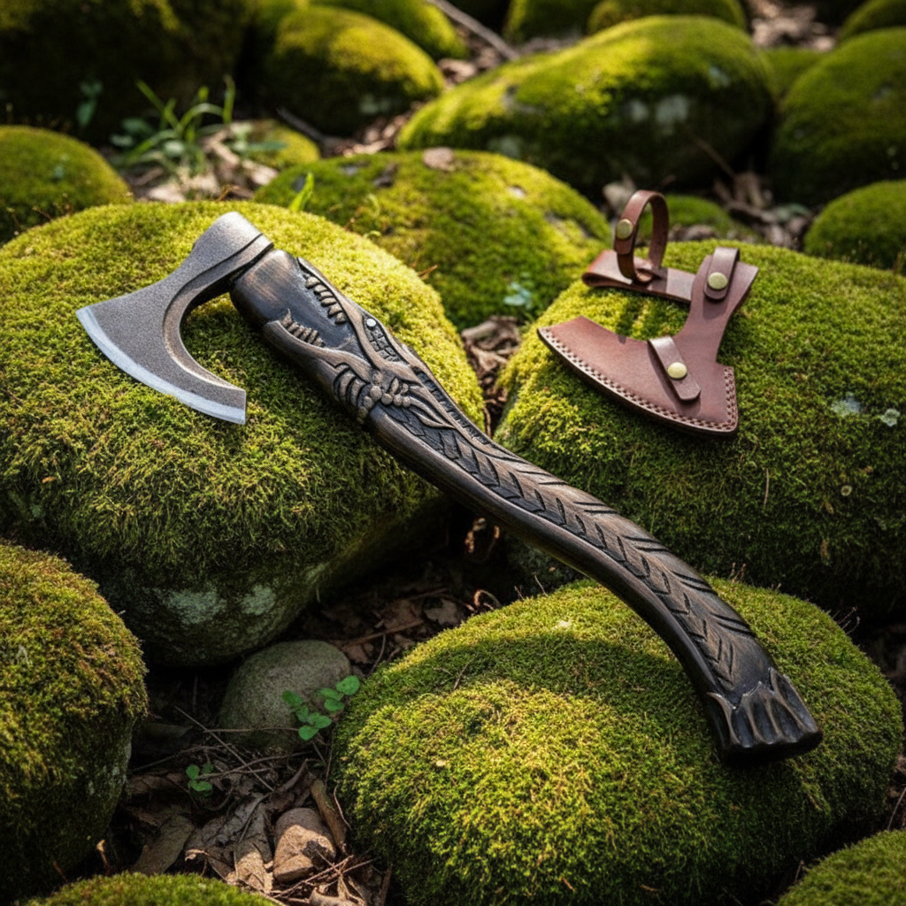 Hand forged Viking bearded axe resting on mossy rocks outdoor forest setting natural light