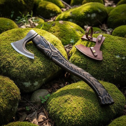Hand forged Viking bearded axe resting on mossy rocks outdoor forest setting natural light