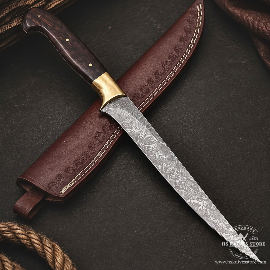 Damascus steel fillet knife rosewood handle brass bolster dark burgundy leather sheath dark charcoal studio background