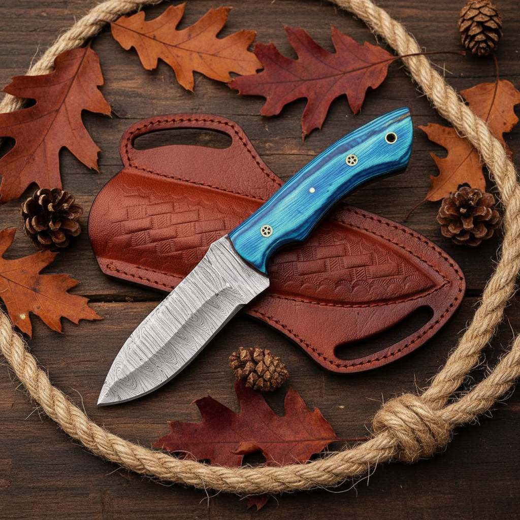 Damascus steel skinner knife with blue pakkawood handle flat lay on rustic dark wood with brown crossdraw sheath dried leaves and rope