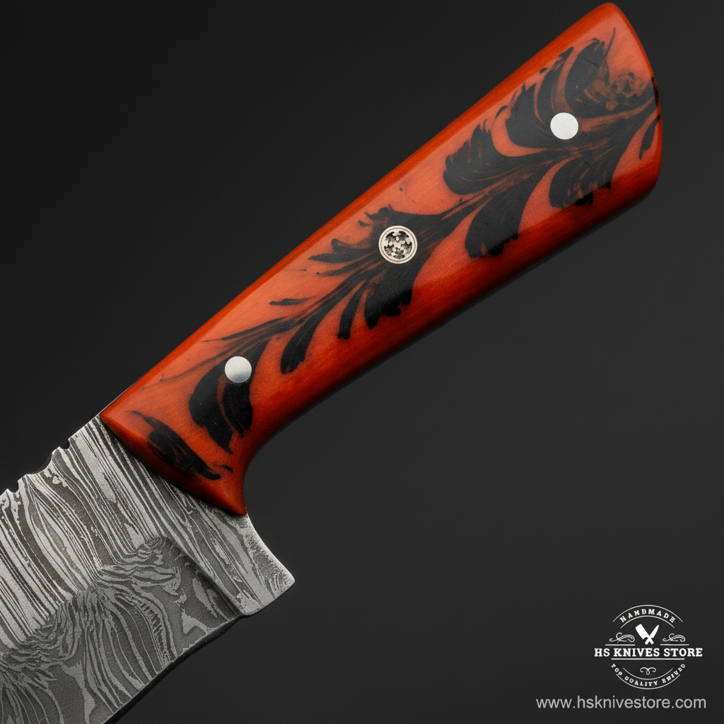 Macro view of orange resin handle with black floral leaf inlay design and silver pin on Damascus skinner knife