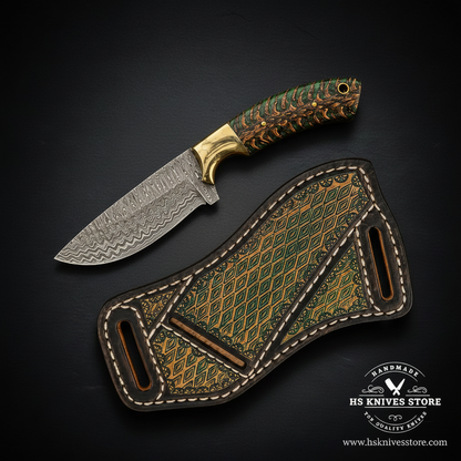Mirrored green pinecone Damascus Skinner Knife showing wave blade and scout leather sheath