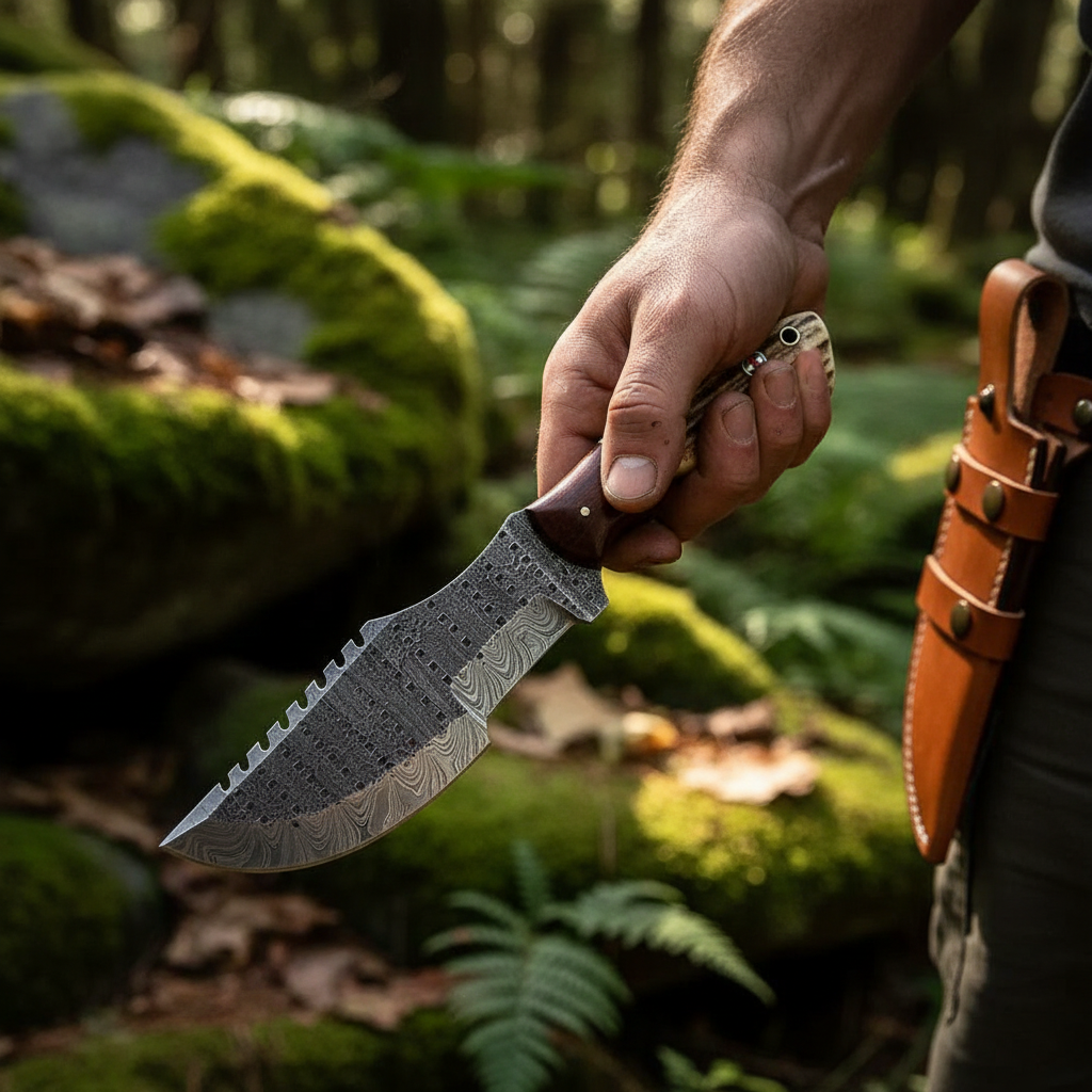 Hands holding Damascus tracker knife with stag antler handle in outdoor forest setting