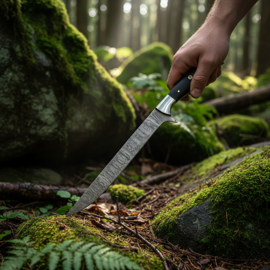 Hands holding Damascus fillet knife with black micarta handle in outdoor forest setting