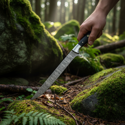 Hands holding Damascus fillet knife with black micarta handle in outdoor forest setting