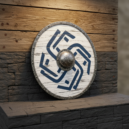 Complete white wooden Viking shield with blue Norse design in a premium warm wood collector display