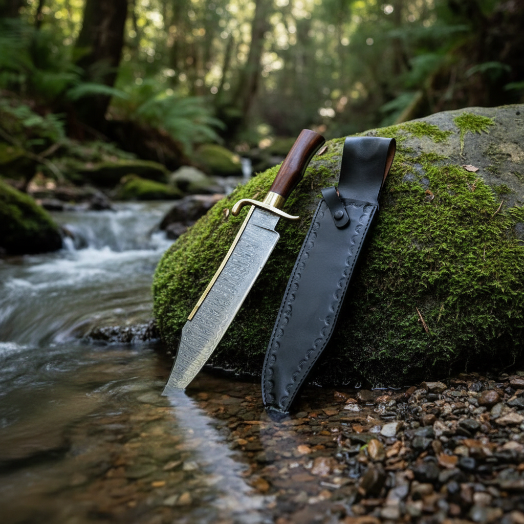 Damascus steel Bowie knife with rosewood handle leaning against mossy river rock beside rushing stream dense forest natural daylight