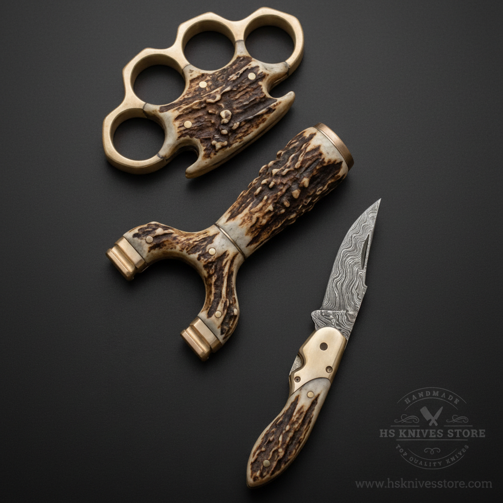 3-piece stag antler collector gift set Damascus folding knife push knife brass frame dark charcoal studio background