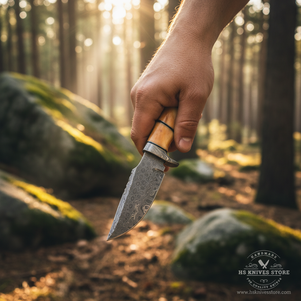 Hunter hand gripping camel bone handle Damascus steel skinner knife in field dressing pose outdoor forest golden sunlight