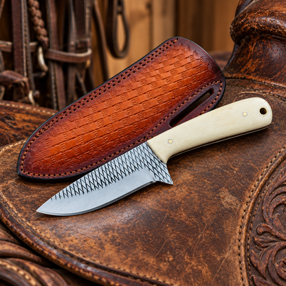 Right-side western view of Cowboy Bush Knife with pale deer bone handle beside its leather sheath