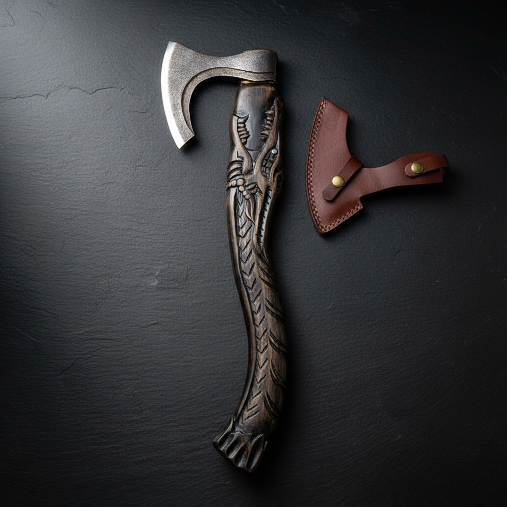 Viking bearded axe vertical luxury shot dark slate background handle pointing up premium presentation