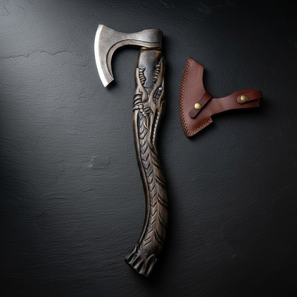 Viking bearded axe vertical luxury shot dark slate background handle pointing up premium presentation