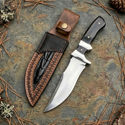 D2 Bowie knife with contoured black handle and tan-and-black sheath on slate