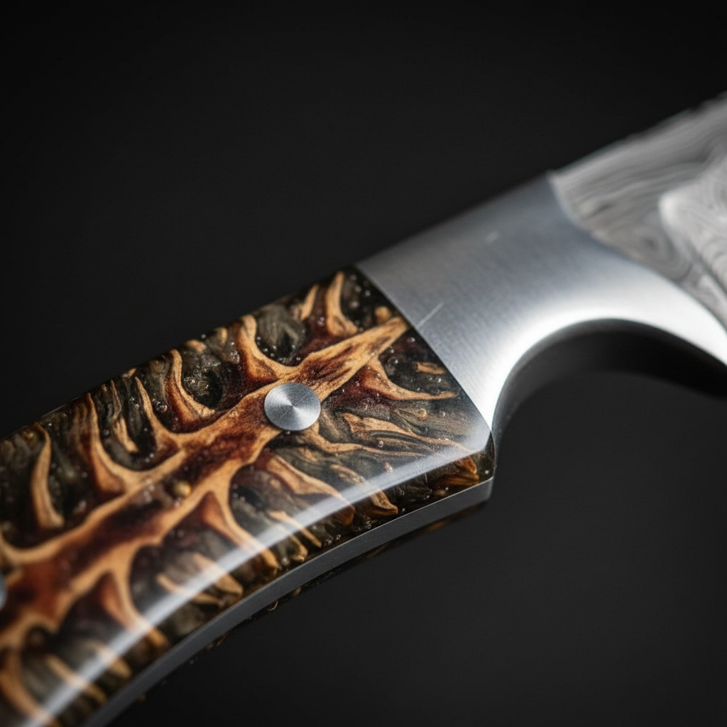 Pinecone resin handle close-up Damascus skinner knife steel bolster pins detail