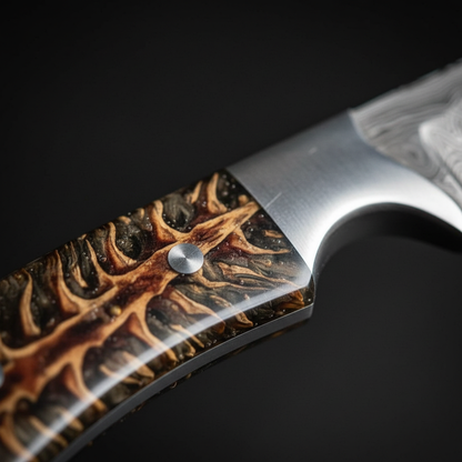 Pinecone resin handle close-up Damascus skinner knife steel bolster pins detail