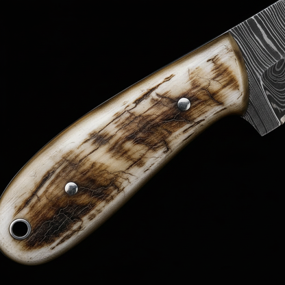 Close-up natural ram horn handle silver pins handmade Damascus skinner knife macro detail