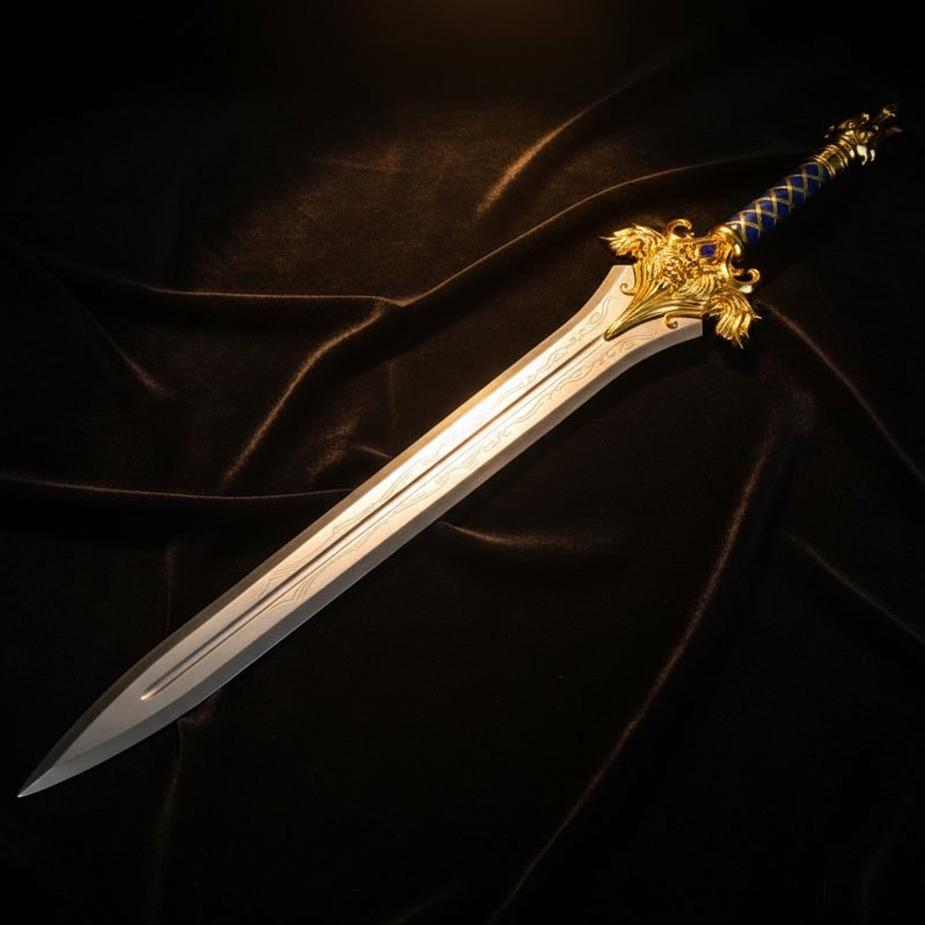 Royal gold guard broad sword displayed on dark black velvet luxury collector display shot