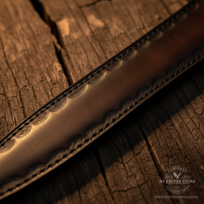 Close-up macro of dark brown leather scabbard with black stitching for D2 steel Viking sword