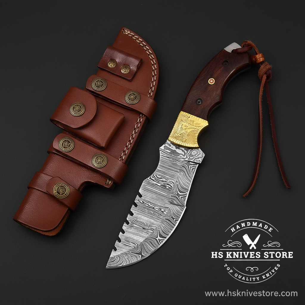 Damascus steel tracker knife with brass engraved bolster and wood handle and leather sheath on dark charcoal background studio shot