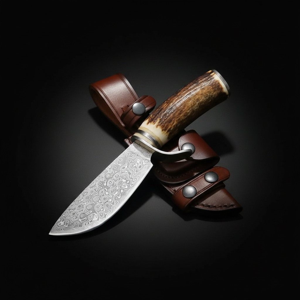 Handmade Damascus steel hunting knife with stag antler handle and steel guard on black studio background right facing mirror