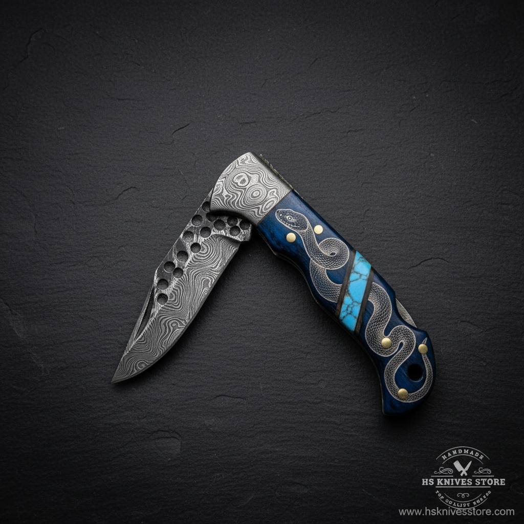 Vertical luxury shot of Damascus steel folding pocket knife open blade on dark slate background blue wood snake engraved handle