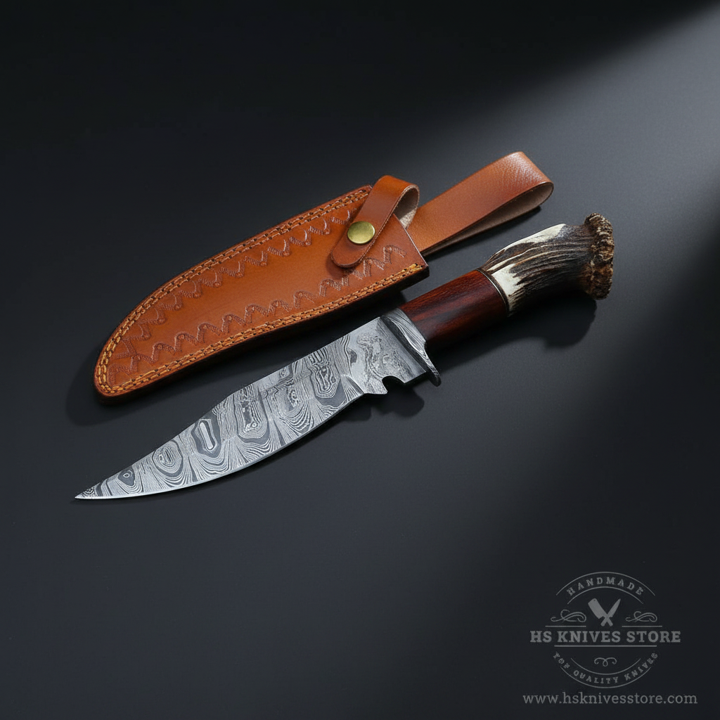 Damascus steel Bowie knife stag crown rosewood handle Damascus bolster tan tooled leather sheath dark charcoal studio left