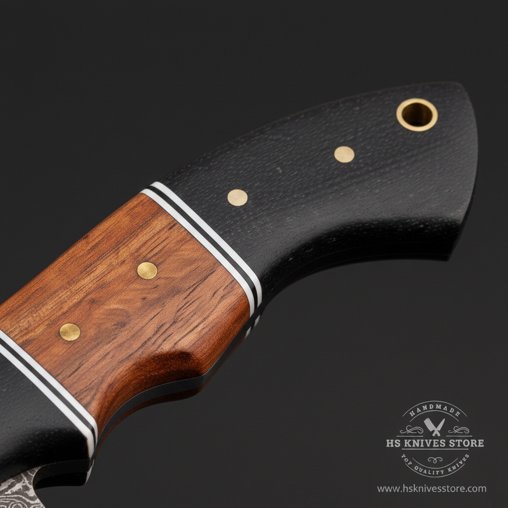 Close-up macro of two-tone handle with dark black micarta top and warm reddish-brown rosewood bottom and white spacer line and gold brass pins and brass eyelet