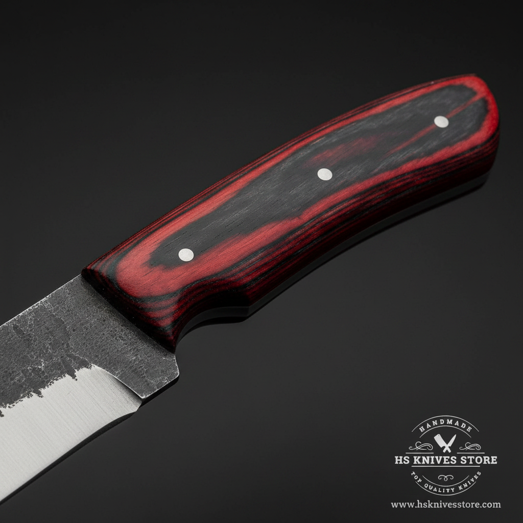Macro close-up of two-tone dark red burgundy and black layered pakkawood handle showing smooth polished finish and steel pins