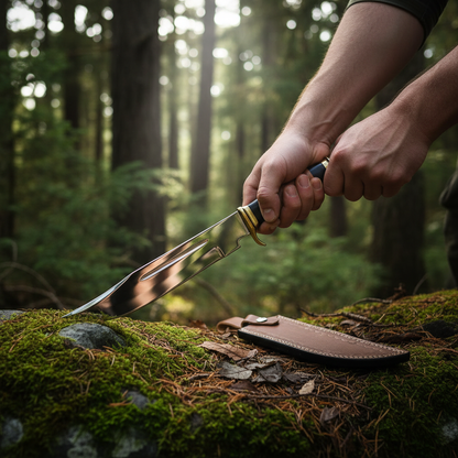Hands holding D2 steel American classic Bowie knife with stacked leather handle in outdoor forest setting