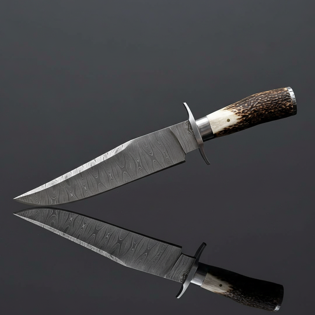 Damascus Bowie knife stag horn handle steel cross guard dark charcoal gray studio mirror left facing