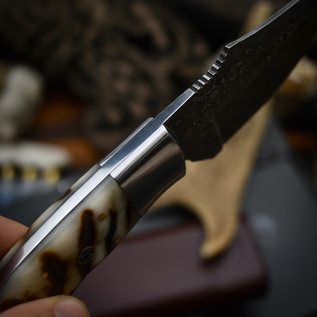 Close-up of genuine ram horn handle and polished steel bolster on Damascus skinner knife