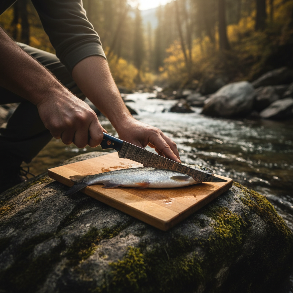 Hands holding Damascus fillet knife with American flag handle near river in outdoor fishing setting