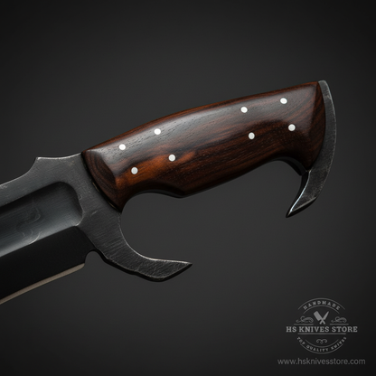 Close-up macro of Spartan Kopis sword dark rosewood handle with white dot rivets and curved hook finger guard detail