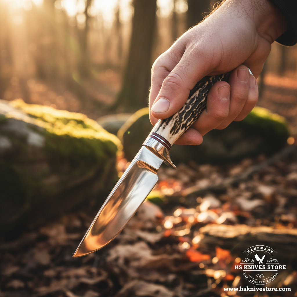 Hand gripping natural stag handle D2 steel skinner knife with stainless bolster in outdoor action shot