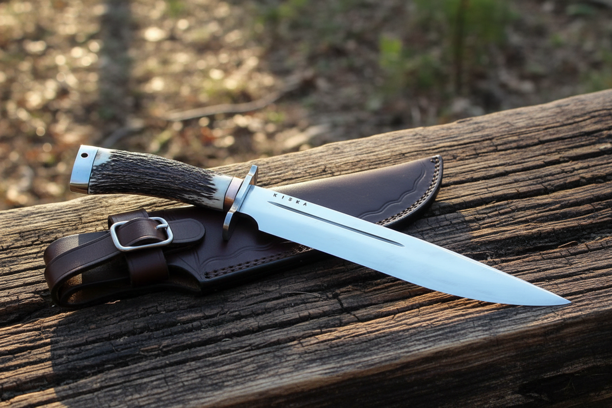 Handmade Bowie knife with leather sheath on rustic wood outdoor lifestyle