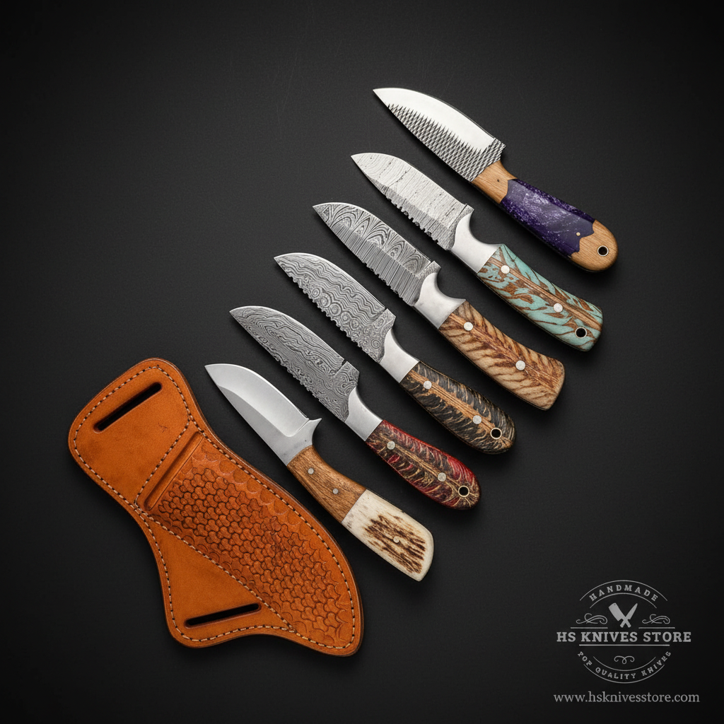 6-piece skinner knife bundle Damascus stainless steel mixed handles orange honeycomb sheath dark charcoal studio mirror layout