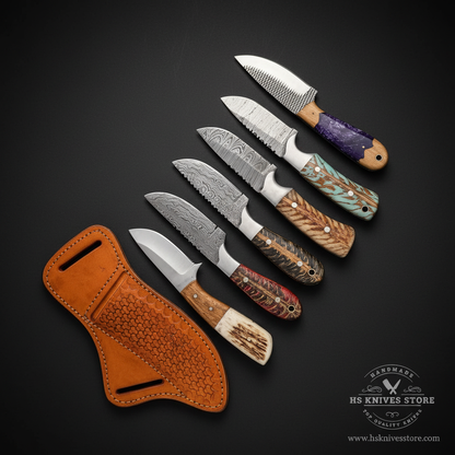 6-piece skinner knife bundle Damascus stainless steel mixed handles orange honeycomb sheath dark charcoal studio mirror layout