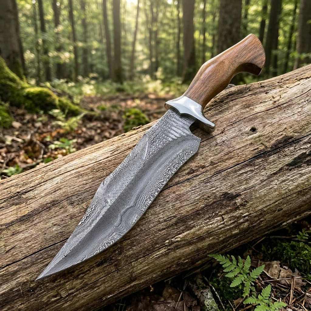 Outdoor woodland collector display of the 15-inch rosewood Ladder Damascus Bowie