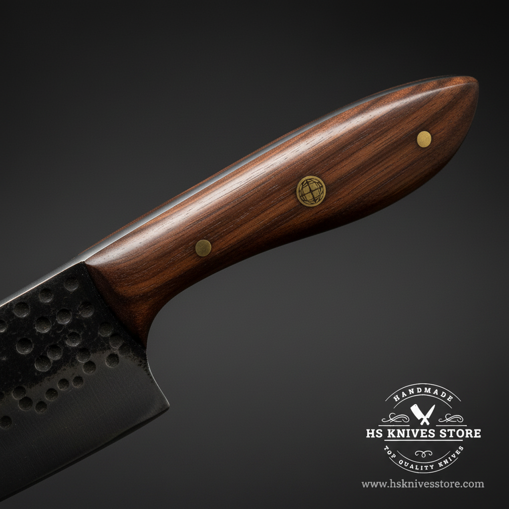 Macro view of dark walnut wood handle with brass mosaic pin and brass pin on carbon steel chef knife