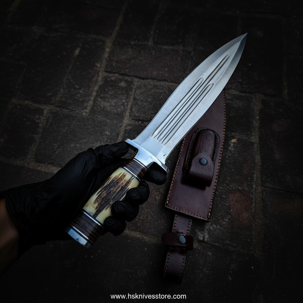 Handmade Bowie knife stag horn wood handle on dark stone surface www.hsknivesstore.com
