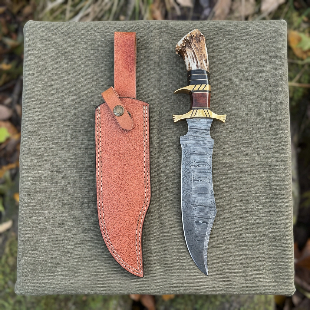 Overhead display of 14.5-inch Damascus Bowie and separate sheath on camp canvas