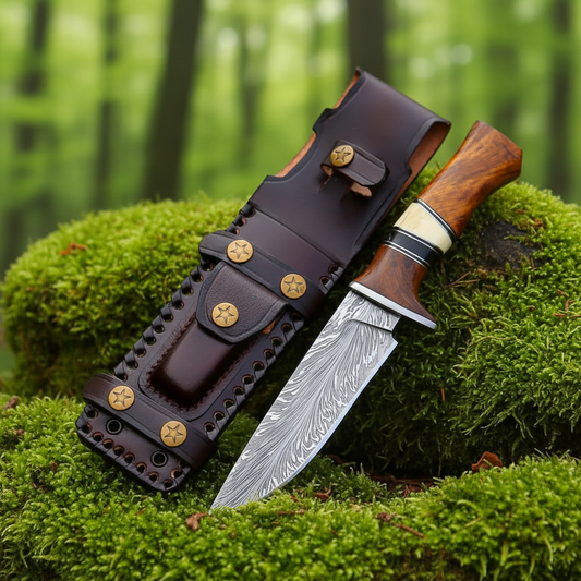 Damascus steel hunting knife with rosewood handle on mossy rocks outdoor forest setting natural daylight