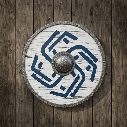 White wooden Viking shield with blue Norse artwork resting on dark rustic wood planks